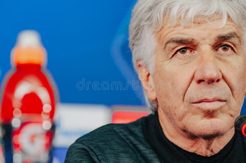 Kharkiv, Ukraine - December 10, 2019: Gian Piero Gasperini head coach of Atalanta and his pre match press conference of the match UEFA league champions Atalanta - Shakhtar