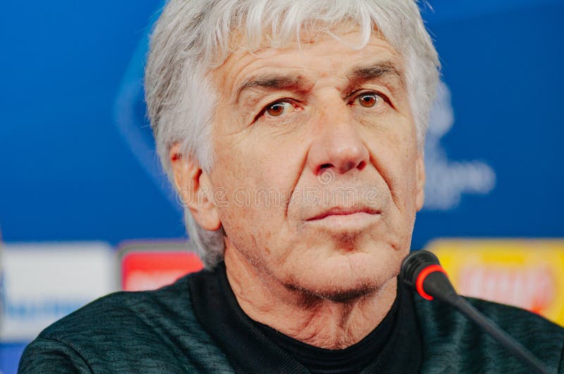 Kharkiv, Ukraine - December 10, 2019: Gian Piero Gasperini head coach of Atalanta and his pre match press conference of the match UEFA league champions Atalanta - Shakhtar