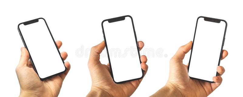 Kharkov, Ukraine - April 3, 2021: Set of Apple iPhone 12 in hand with white blank screen, mockups of modern mobile phone