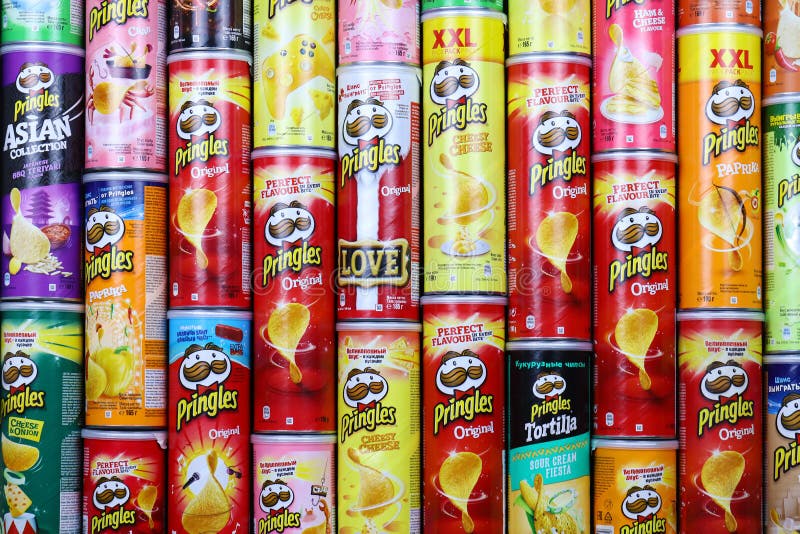 KHARKOV, UKRAINE - MARCH 30, 2021: Many Pringles Cylinder Chips Boxes ...