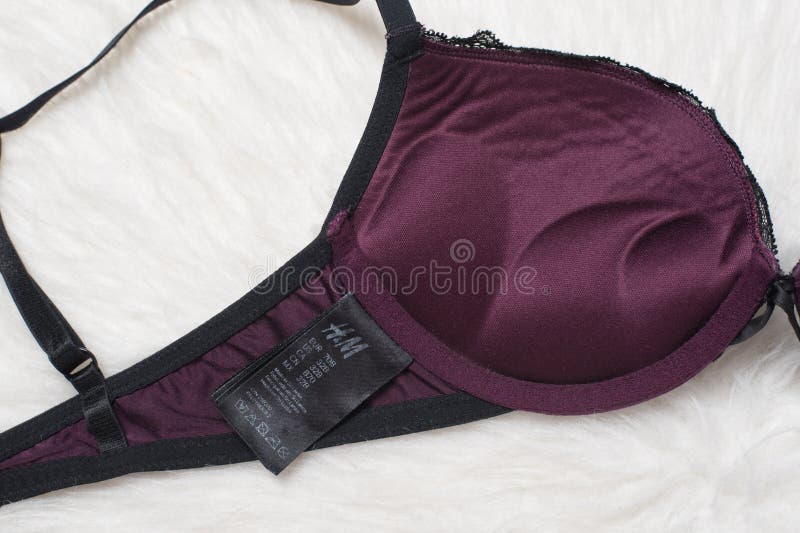 KHARKOV, UKRAINE - 4 MARS 2019 : Côté intérieur de corsage pourpre avec la pompe Label de H&M Concept de lingerie de mode photos libres de droits KHARKOV, UKRAINE - 4 MARS 2019 : Côté intérieur de corsage pourpre avec la pompe Label de H&M Concept de lingerie de mode photos libres de droits