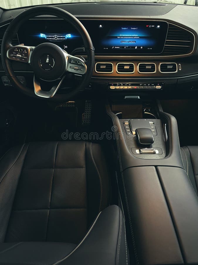 Khmelnytskyi, Ukraine - September 24, 2022: Mercedes-Benz GLC 200 I X253 2021 year Restyling vehicle interior, front seats, Black leather. Khmelnytskyi, Ukraine - September 24, 2022: Mercedes-Benz GLC 200 I X253 2021 year Restyling vehicle interior, front seats, Black leather