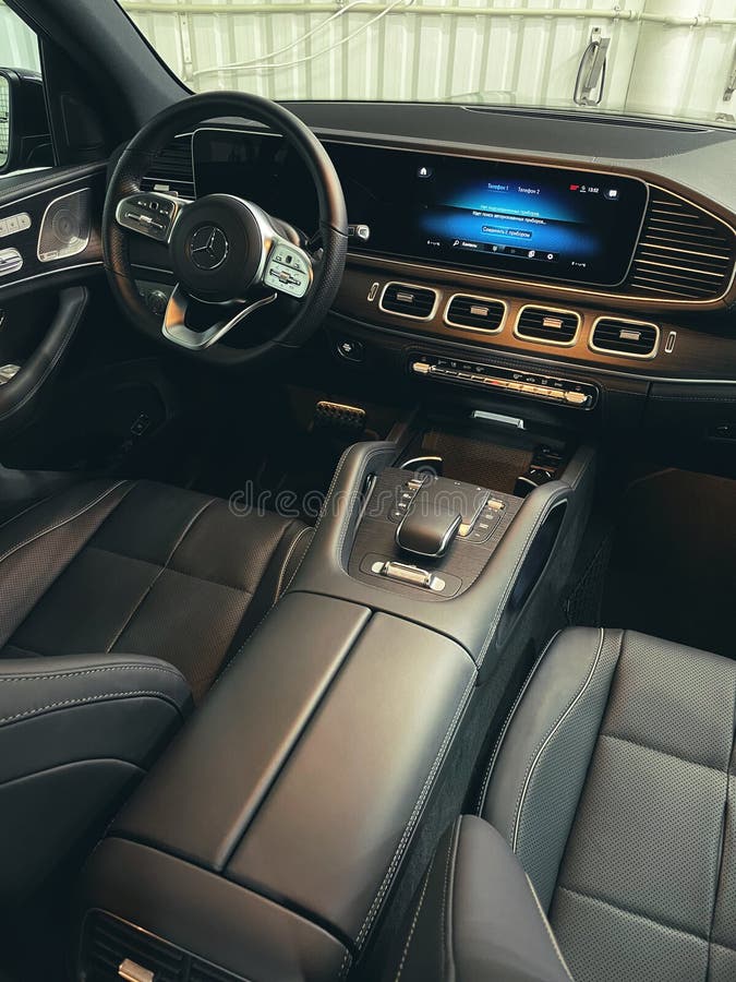 Khmelnytskyi, Ukraine - September 24, 2022: Mercedes-Benz GLC 200 I X253 2021 year Restyling vehicle interior, front seats, Black leather. Khmelnytskyi, Ukraine - September 24, 2022: Mercedes-Benz GLC 200 I X253 2021 year Restyling vehicle interior, front seats, Black leather