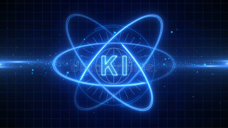 KI artificial intelligence - KI letters centered in the middle of circles and floating particles stock illustration