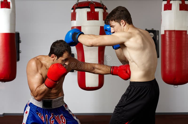 Kickbox fighters sparring in the gym royalty free stock image Kickbox fighters sparring in the gym royalty free stock image