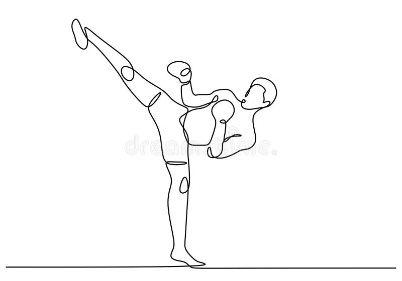 Kickboxing Continuous Line Drawing. Vector Illustration of a Man Kick