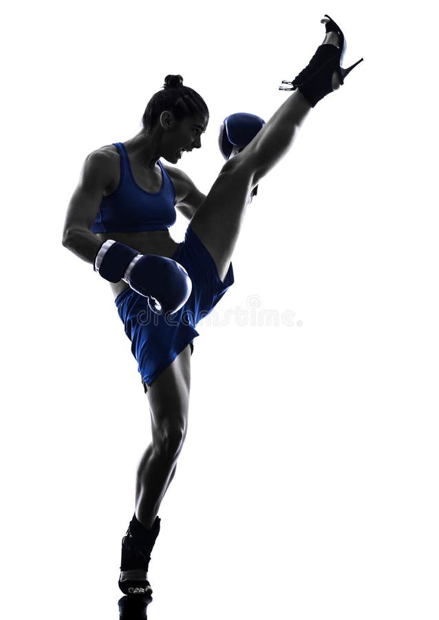 Kickboxing Schattenbild des Frauenboxer-Verpackens lokalisiert stockfotos Kickboxing Schattenbild des Frauenboxer-Verpackens lokalisiert stockfotos