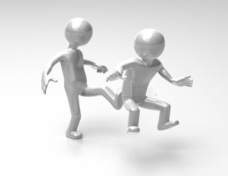 3D abstract of one character kicking another in the rear end. reflective 3D render. 3D abstract of one character kicking another in the rear end. reflective 3D render