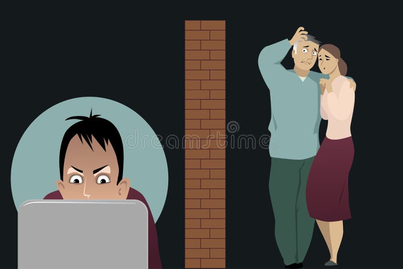 Concerned parents separated by a brick wall from their teenage son, addicted to internet, EPS 8 vector illustration. Concerned parents separated by a brick wall from their teenage son, addicted to internet, EPS 8 vector illustration