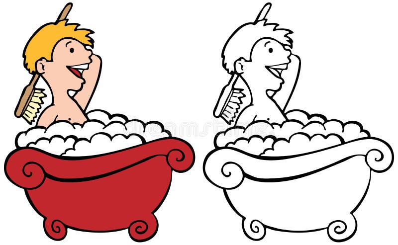 Cartoon image of child in bathtub - color and black/white versions. Cartoon image of child in bathtub - color and black/white versions.