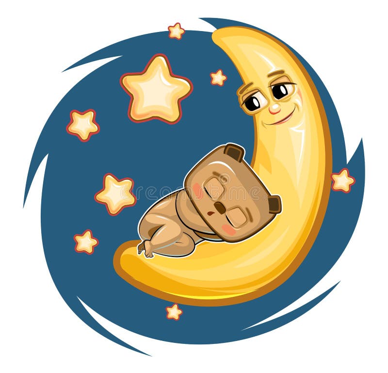 Kid Bear Sleeps On The Moon Dreaming A Dream Childrens Illustration