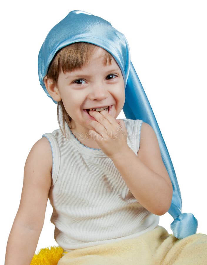 Kid in Blue Sleeping Hat Isolated on White Stock Image Image of
