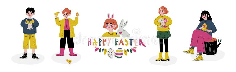 Kid Celebrate påskvårsäsongsvektoruppsättning royaltyfri illustrationer
