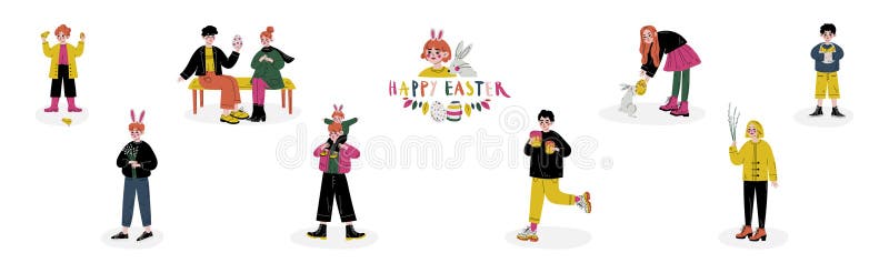 Kid Celebrate påskvårsäsongsvektoruppsättning royaltyfri illustrationer