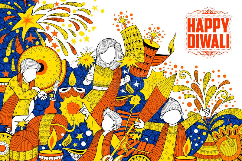 Illustration of kid celebrating happy Diwali Holiday doodle background for light festival of India