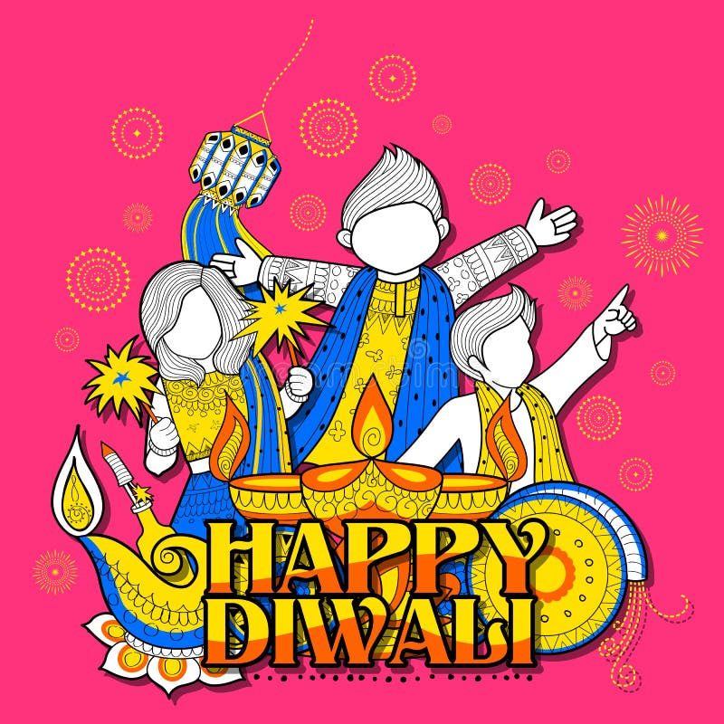 Illustration of kid celebrating happy Diwali Holiday doodle background for light festival of India