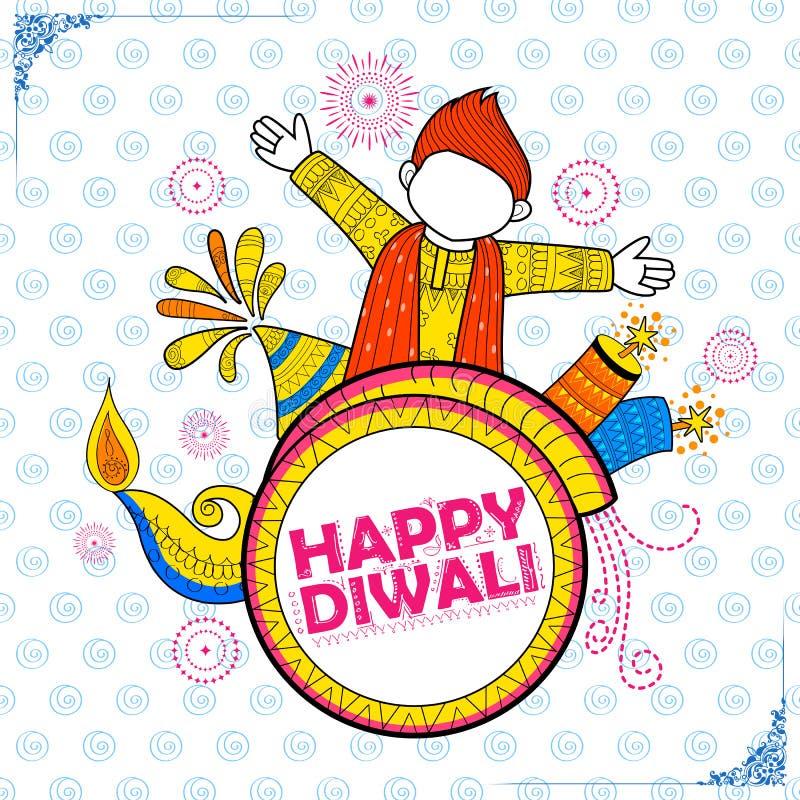Illustration of kid celebrating happy Diwali Holiday doodle background for light festival of India