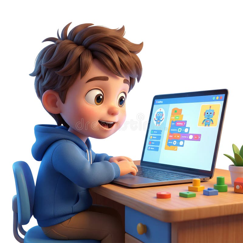 Kid Coding Computer Learning - 3D Cartoon royalty free illustration