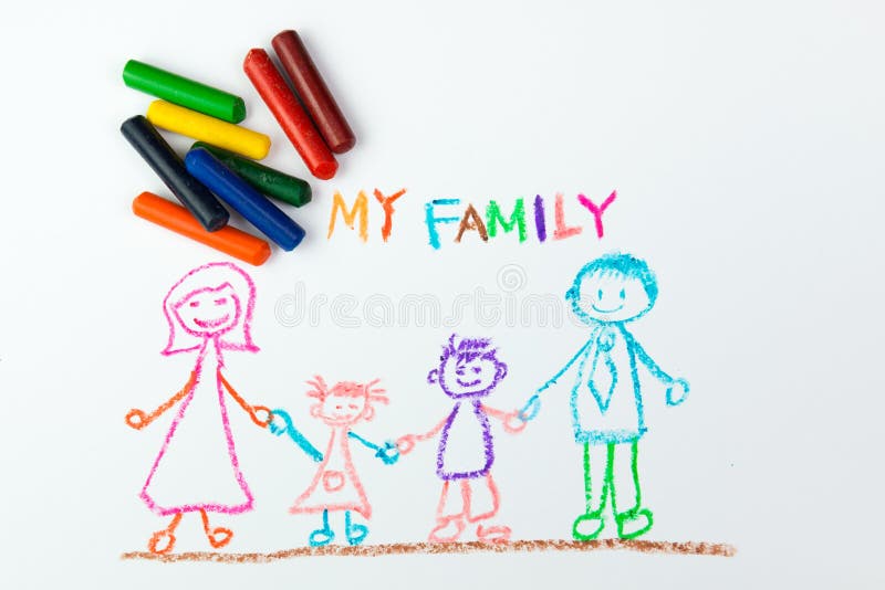 Child's drawing of my happy family using crayon. Child's drawing of my happy family using crayon