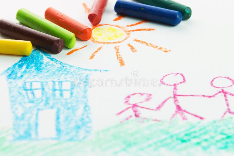 Kid drawing family near their house picture using crayons