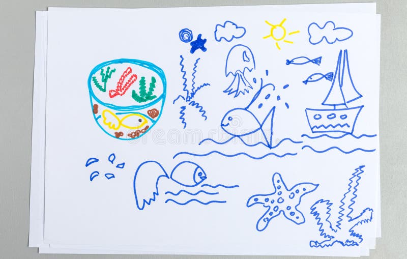 Kid drawings set of different sea animals and elements