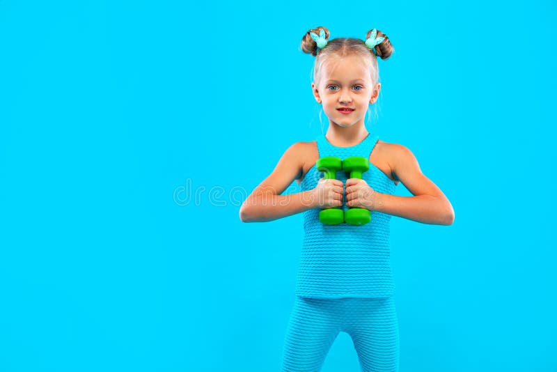 Kid Girl Doing Fitness or Yoga Exercises with Dumbbells Isolated on ...