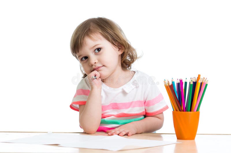 Kid girl drawing with colour pencils