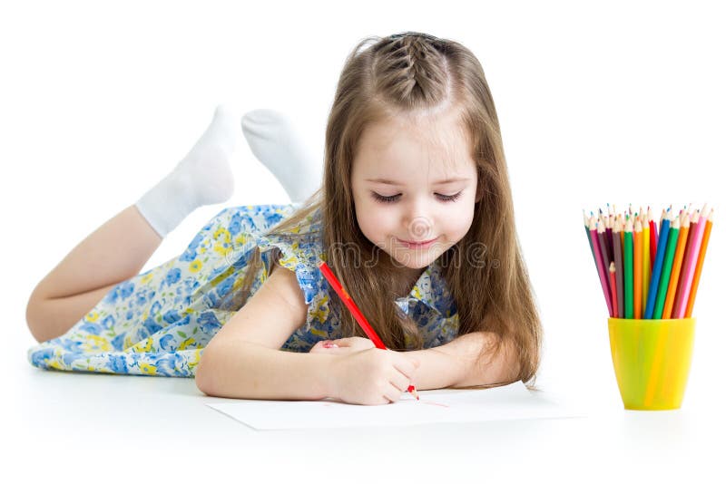 Kid girl drawing with pencils