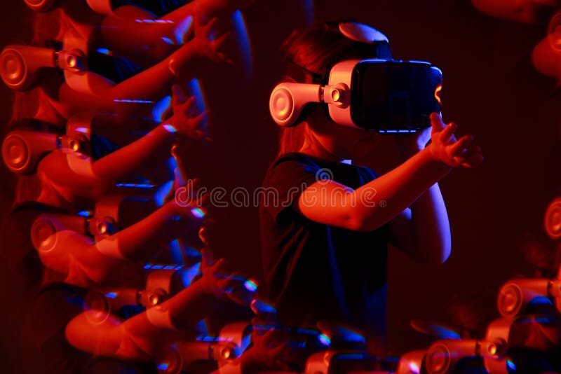 Child Girl Using VR Headset Helmet To Play Game, Watching Virtual