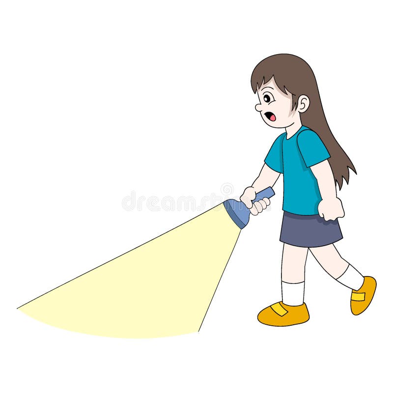 Kid Girl is Walking in the Dark Using a Light Flashlight Stock Vector