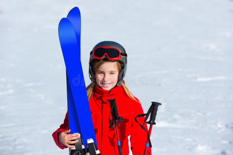 Kid girl winter snow with ski equipment stock photos Kid girl winter snow with ski equipment stock photos