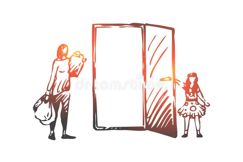 Kid, good, manners, girl, mother concept. Hand drawn girl opens the door to her mother concept sketch. Isolated vector illustration. Kid, good, manners, girl, mother concept. Hand drawn girl opens the door to her mother concept sketch. Isolated vector illustration.