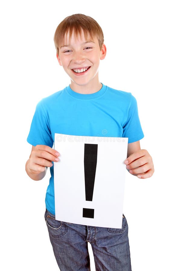 Kid holds Exclamation Mark stock photo. Image of defiant 42676582