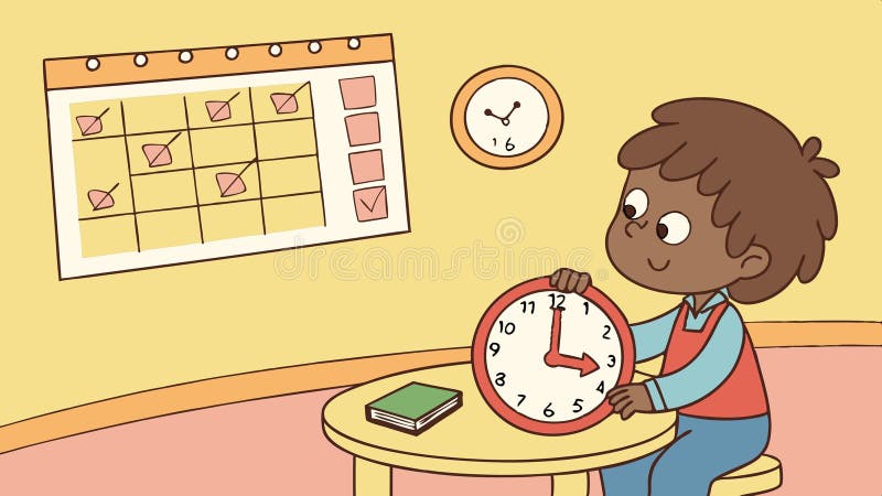 Kid marking calendar date, classroom learn, date recognition, time concept vector design Generative AI stock illustration