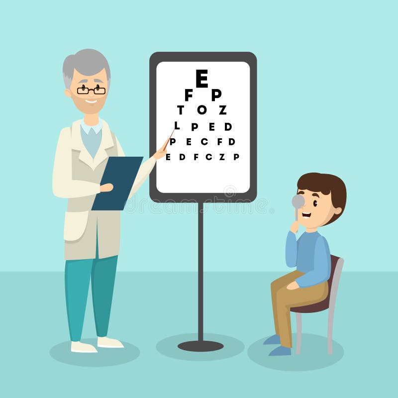 Kid with ophthalmologist checking eyesight in the ward vector illustration 