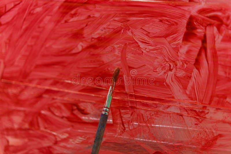 Kid is Painting the Plastic Wall with Red Color. Stock Photo Image of craft, paintbrush 123631956