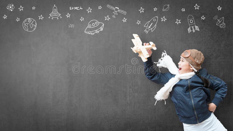 Kid in pilot costume and imagination dream in learning inspiration world in innovative science technology engineering maths STEM e. Ducation and universal royalty free stock images Kid in pilot costume and imagination dream in learning inspiration world in innovative science technology engineering maths STEM e. Ducation and universal royalty free stock images