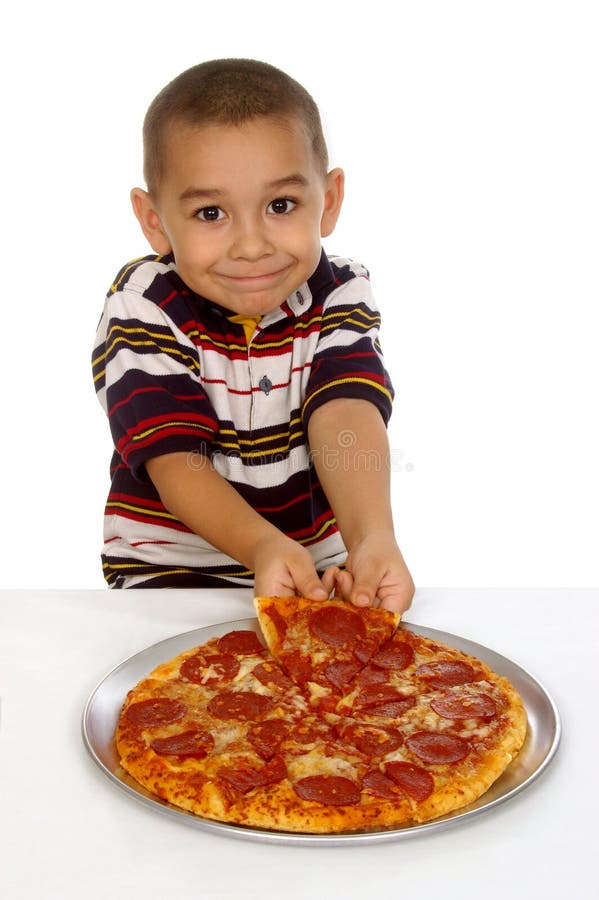 Boy ready to eat a pizza stock image. Image of humour 5244313