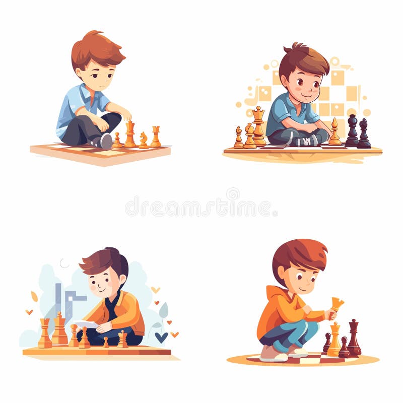Kid playing chess set vector isolated illustration