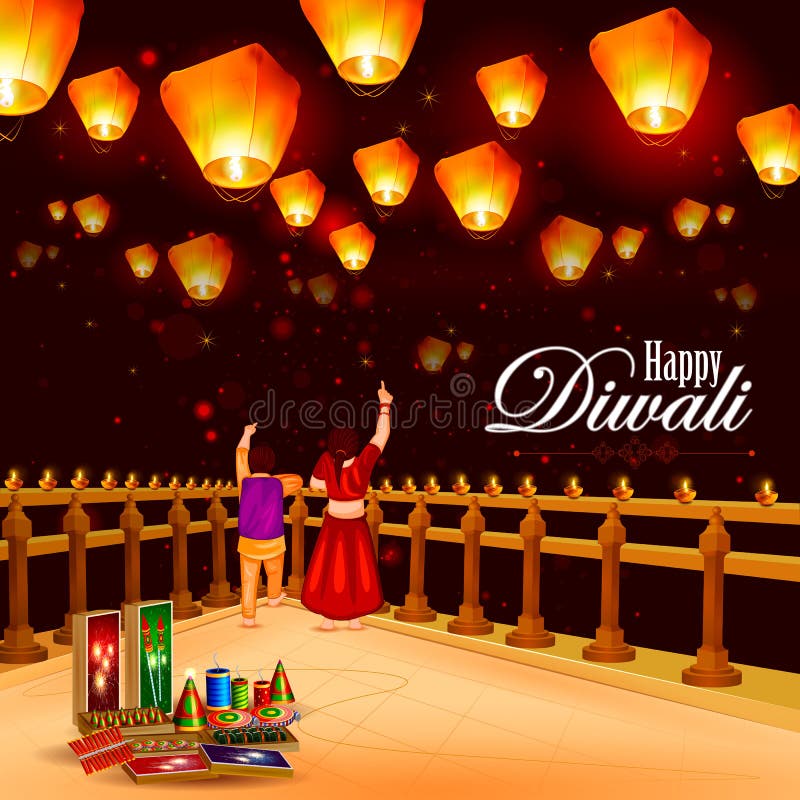 Easy to edit vector illustration of Kid pointing sky lamp with cracker for Happy Diwali holiday background