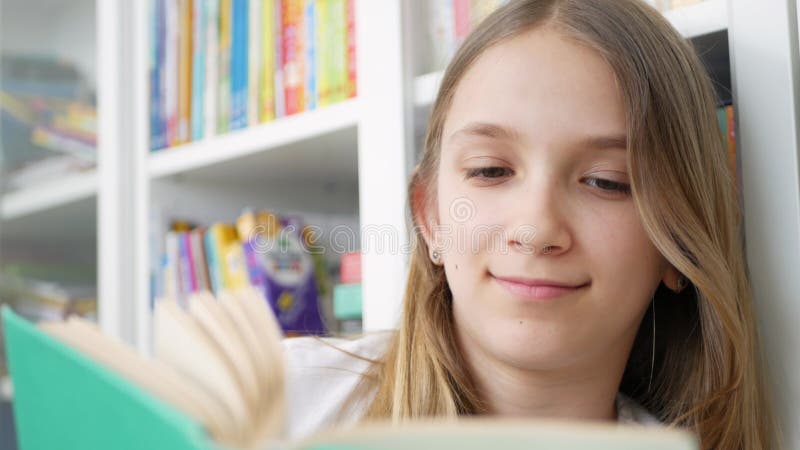 Kid Reading Books, Student Child in School Library, Teenager Girl Studying Learn