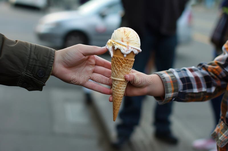 Kid receiving a melting ice cream cone from vendor vector illustration