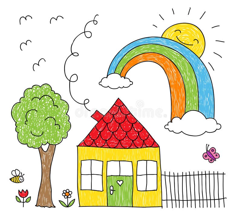 Infantile doodle di un arcobaleno in una piccola casa e un albero.