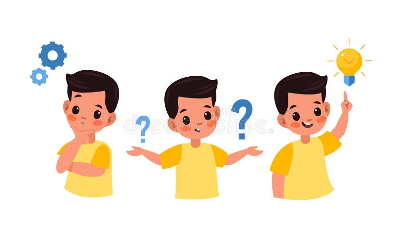 Kid searches idea process. Boy solves challenge, student child in thinking process, question mark, gears and ideas light royalty free illustration
