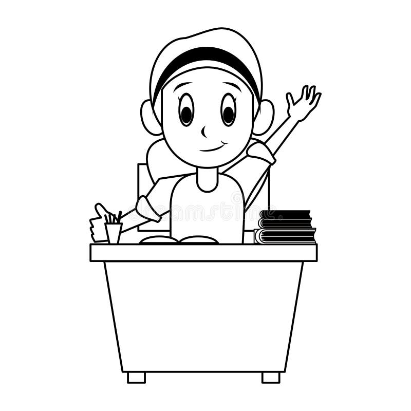 Kid Seated in School Desk in Black and White Stock Vector - Illustration of  child, schoolboy: 149092739