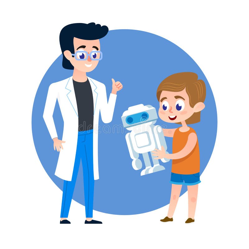 Kid Student with Robot and Young Man Teacher. Stock Vector - Illustration  of play, character: 136851211