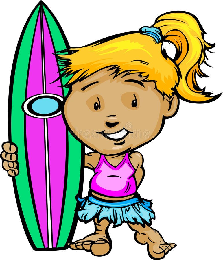 Kid Surfer Girl Holding Surfboard Image Stock Vector - Illustration of ...