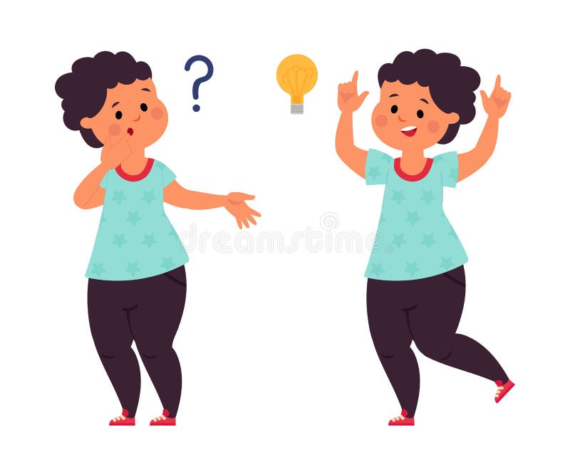 Kid thinking. Cute little genius, clever concerned child find solution. Doubt boy has idea question. Cartoon student vector illustration