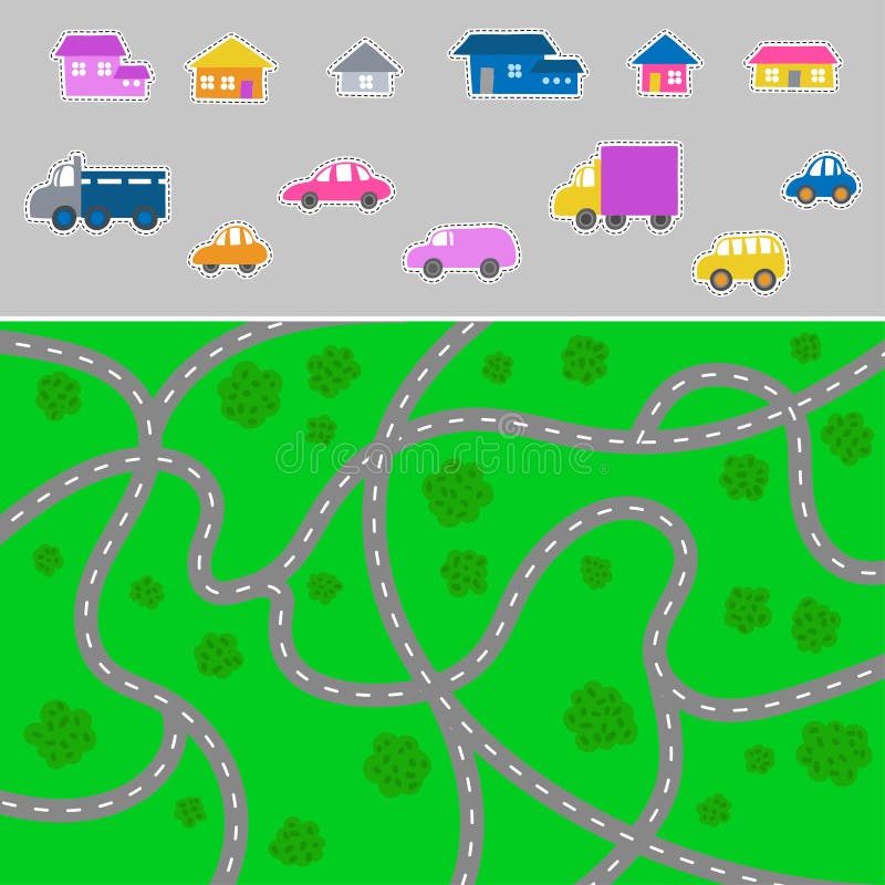 Kid town map game with stickers - vector city pattern for children and elements collection for creating a town. Kid town map game with stickers - vector city pattern for children and elements collection for creating a town.