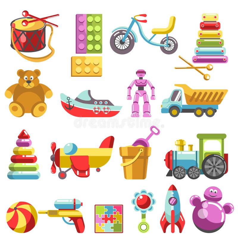 Kid toys or children playthings vector isolated icons